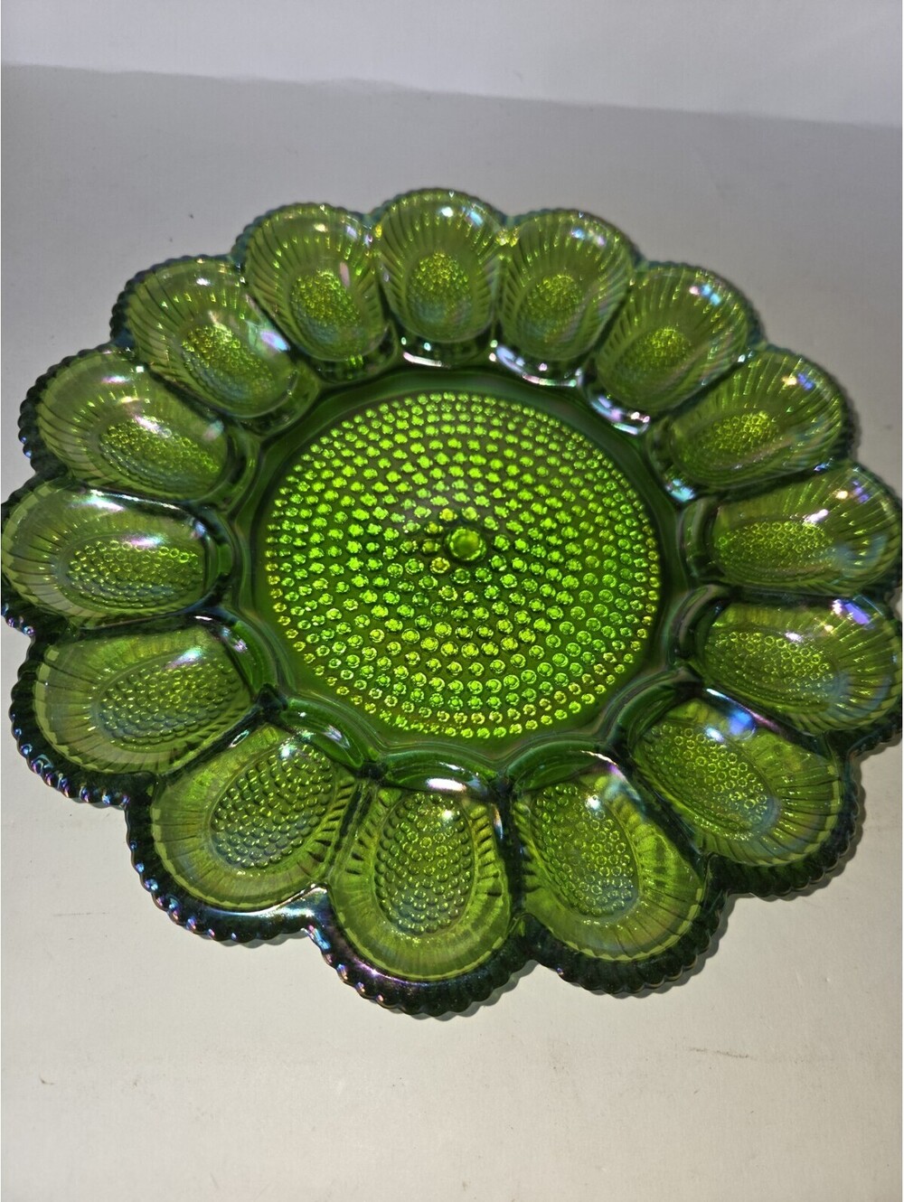 Indiana Glass Hobnail Carnival Iridescent Lime Green Deviled Egg Plate Rare SE2